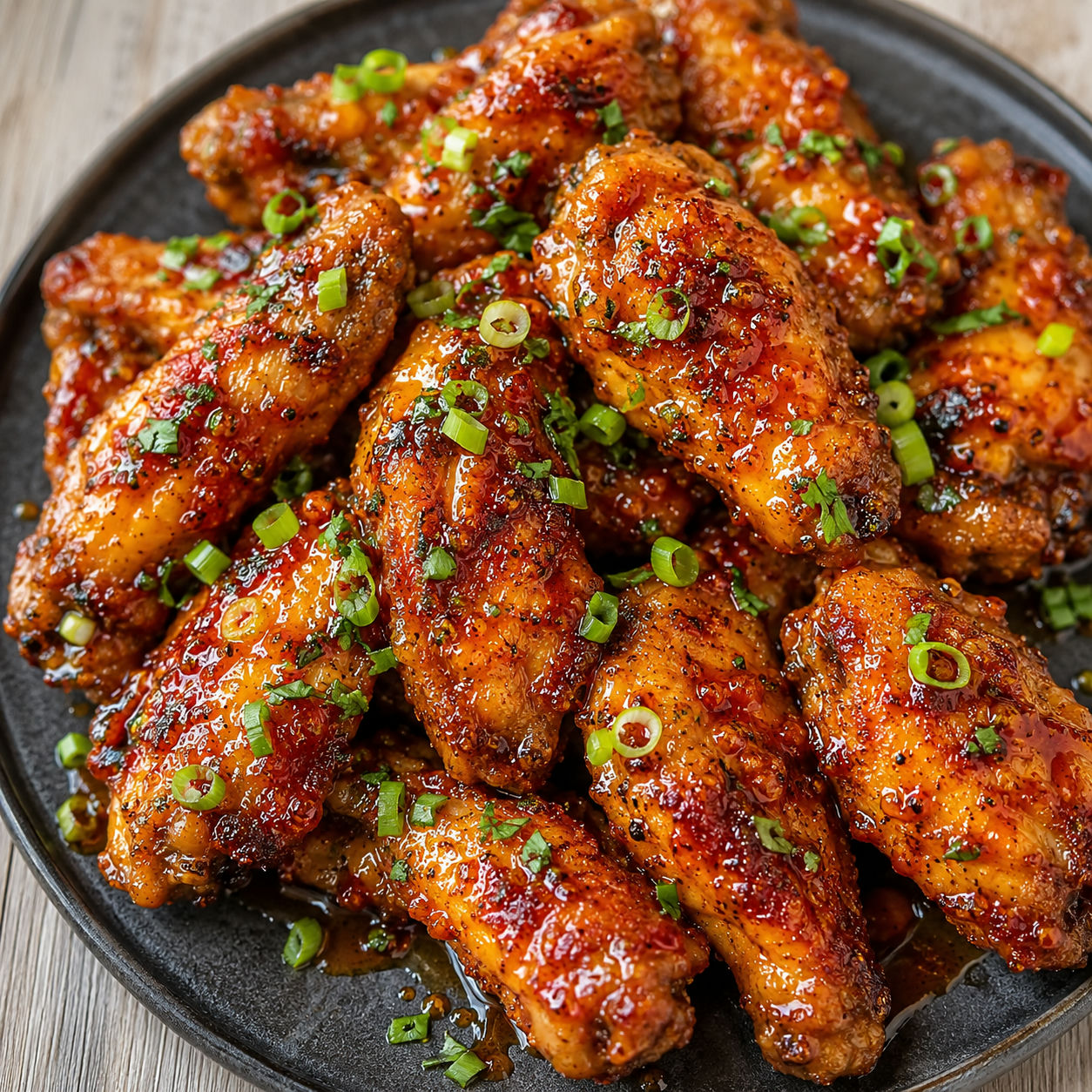 Hot honey Cajun wings with scallions on a dark ceramic platter