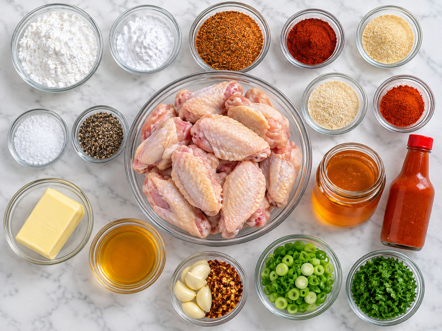 Raw chicken wings with Cajun spices, honey, butter, and hot sauce