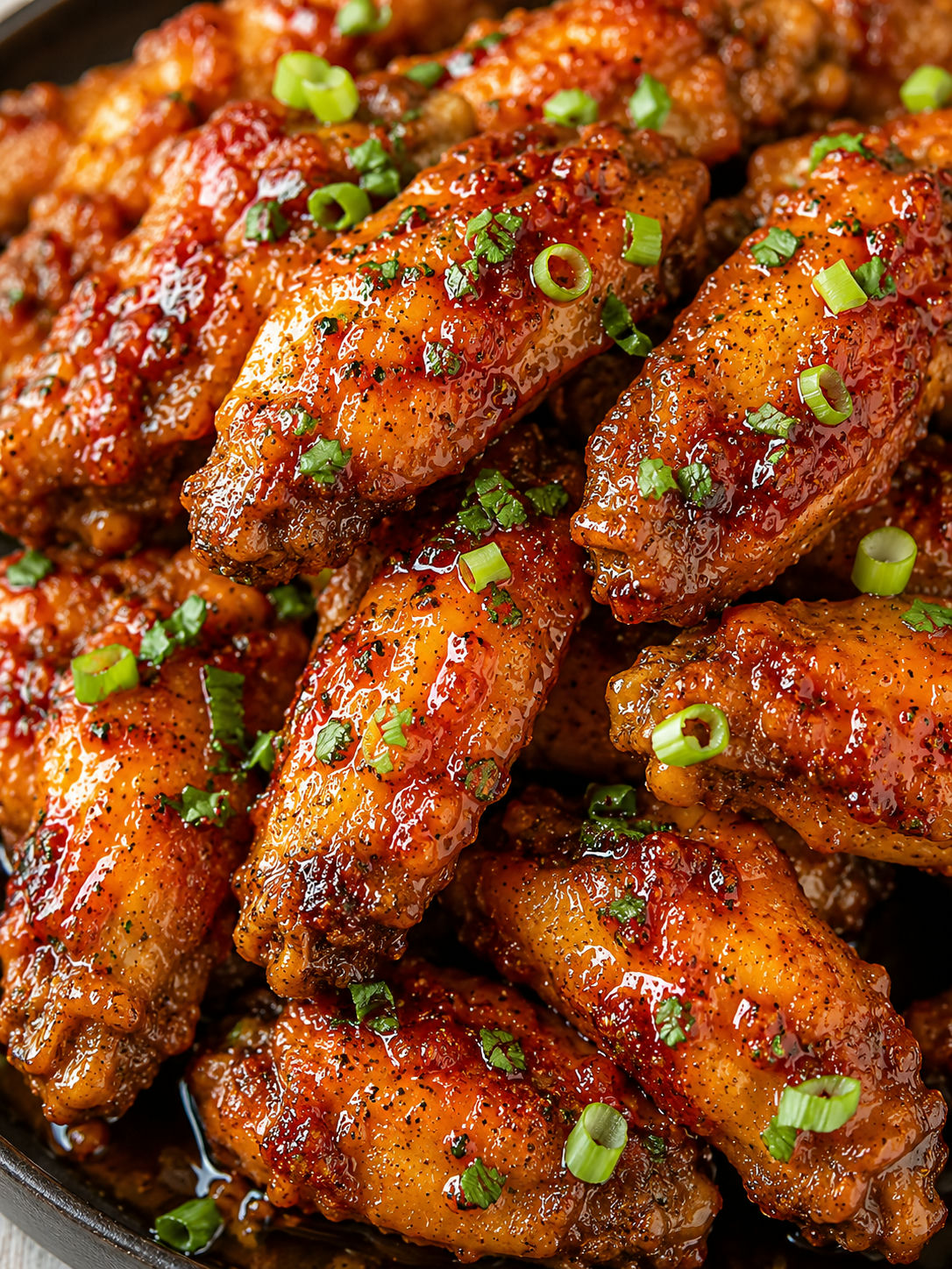 Stacked hot honey Cajun wings with glossy glaze and scallions