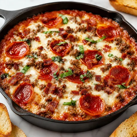 Four-cheese meat-lovers pizza dip with pepperoni, bacon, sausage, and basil
