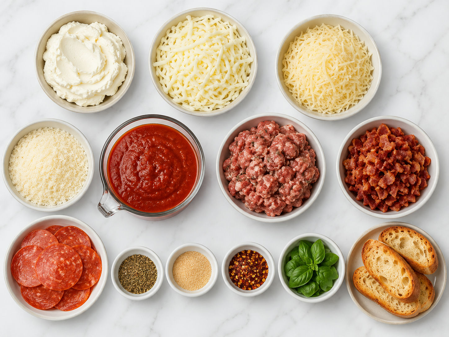 Ingredients for four-cheese meat-lovers pizza dip with meats, cheeses, and sauce