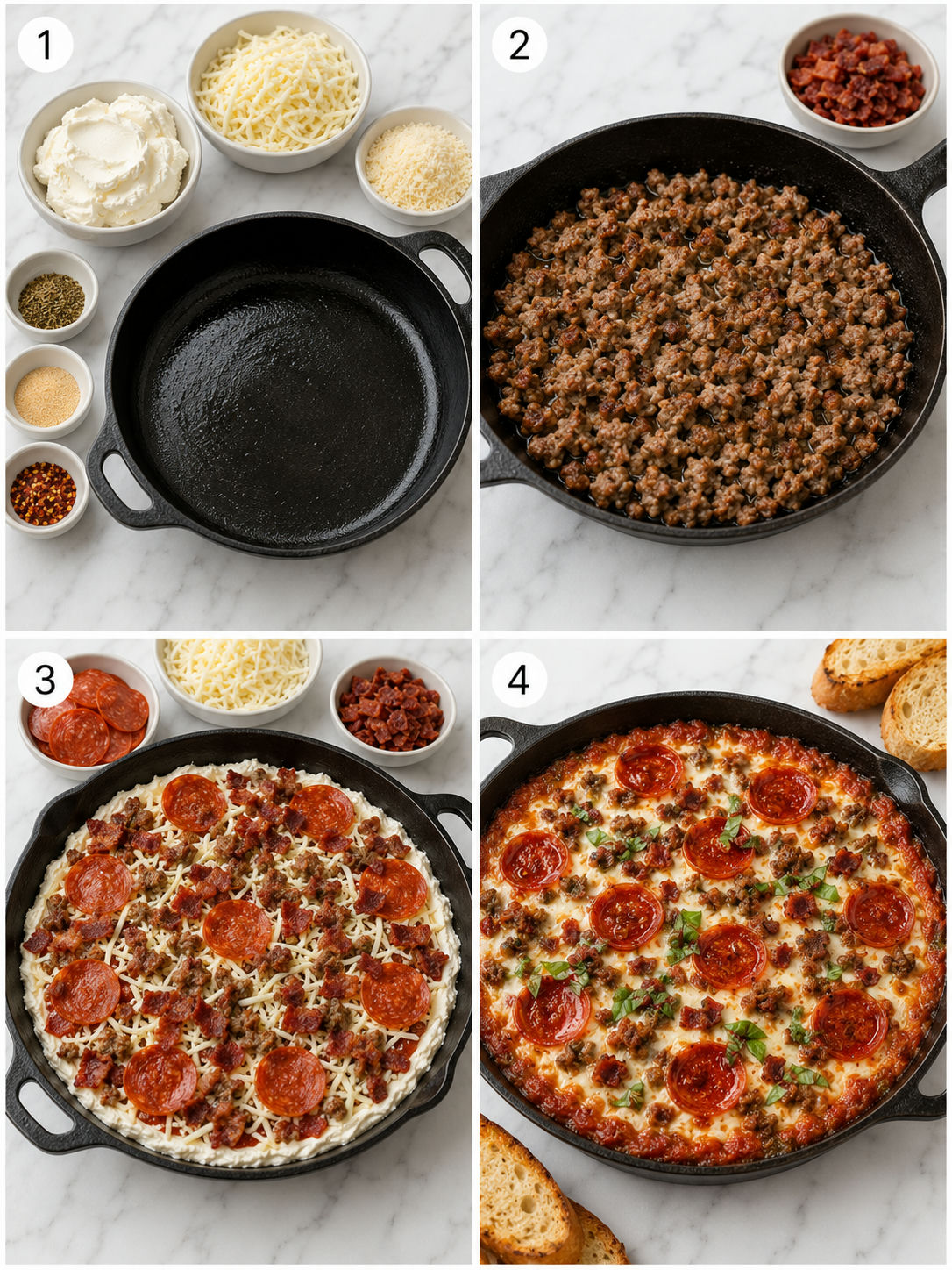 Four steps for making baked pizza dip with sausage, cheese, sauce, and pepperoni