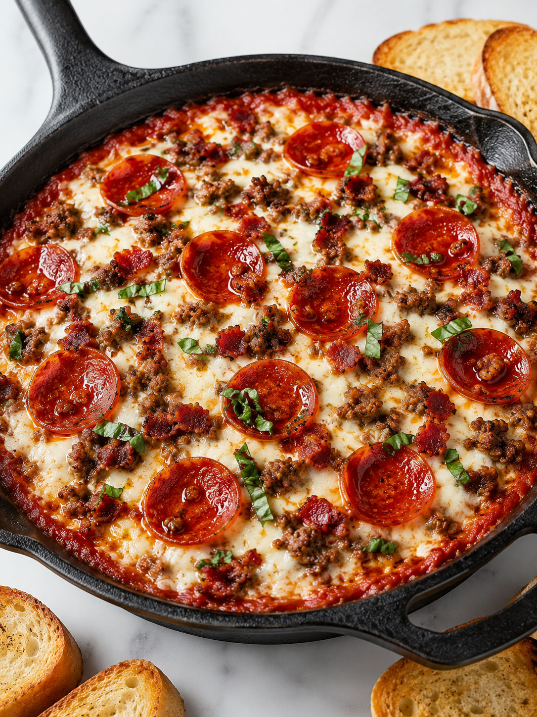 Hot four-cheese meat-lovers pizza dip with melted cheese pulling from the skillet