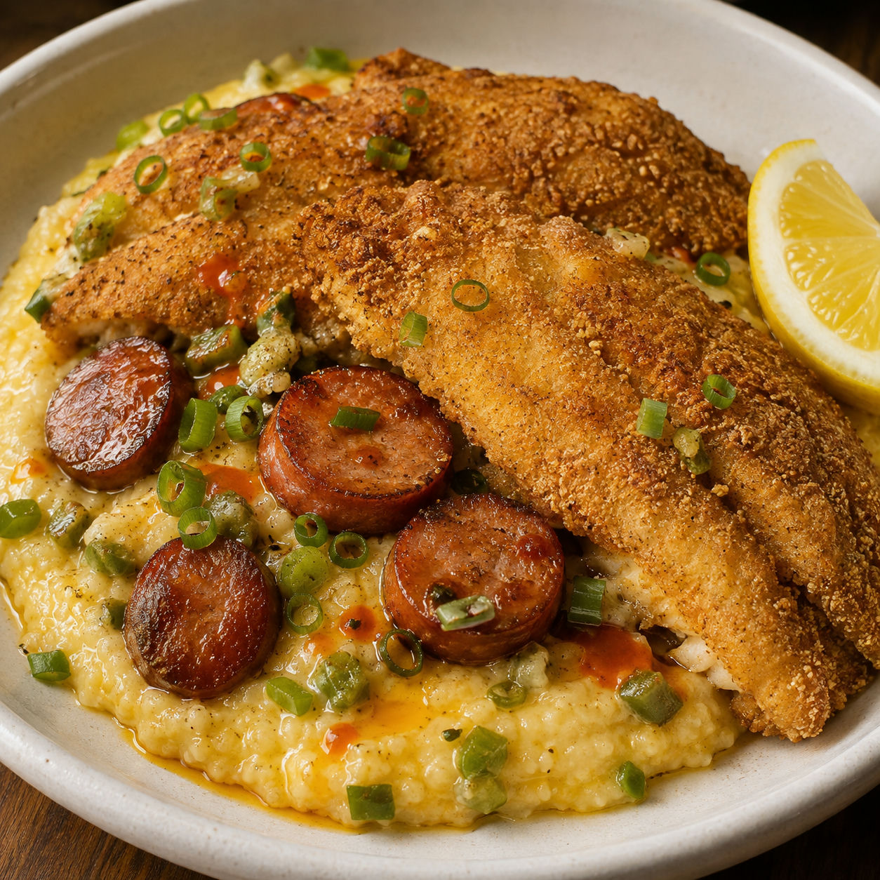 Fried catfish with cheddar sausage over jalapeno cheese grits