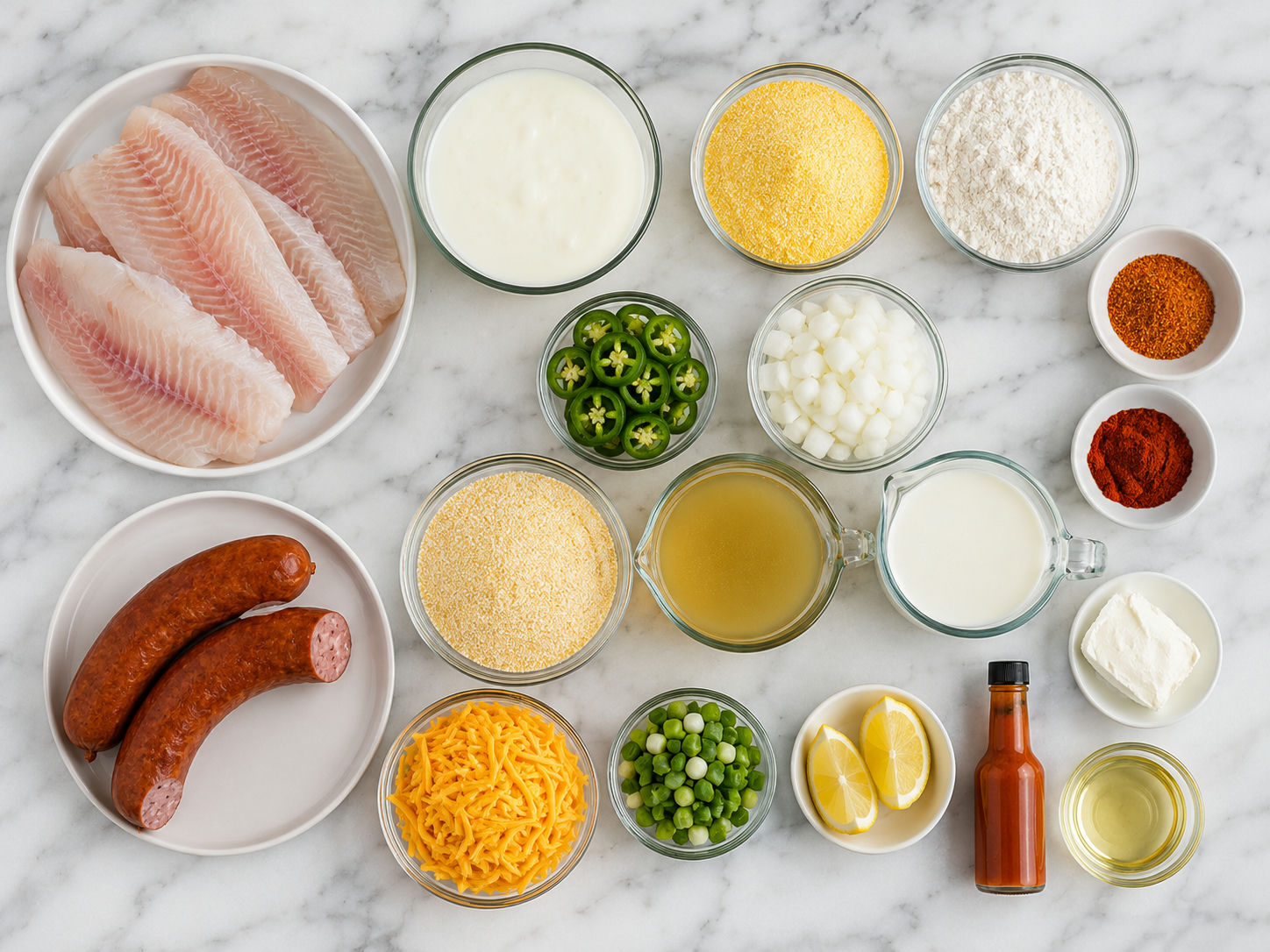 Catfish, cheddar sausage, jalapenos, grits, and cheese ingredients