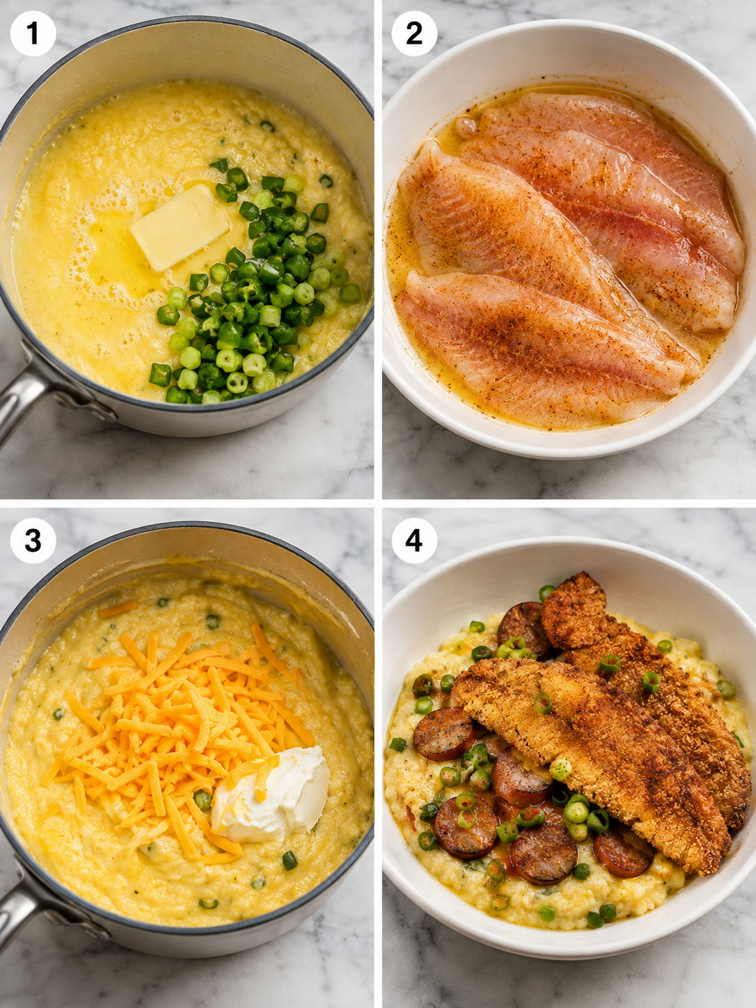 Four steps for making fried catfish, sausage, and jalapeno grits