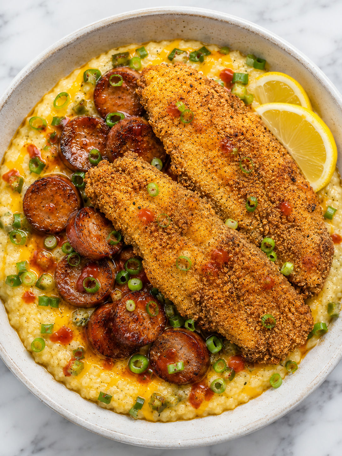 Bowl of fried catfish, cheddar sausage, and jalapeno cheese grits