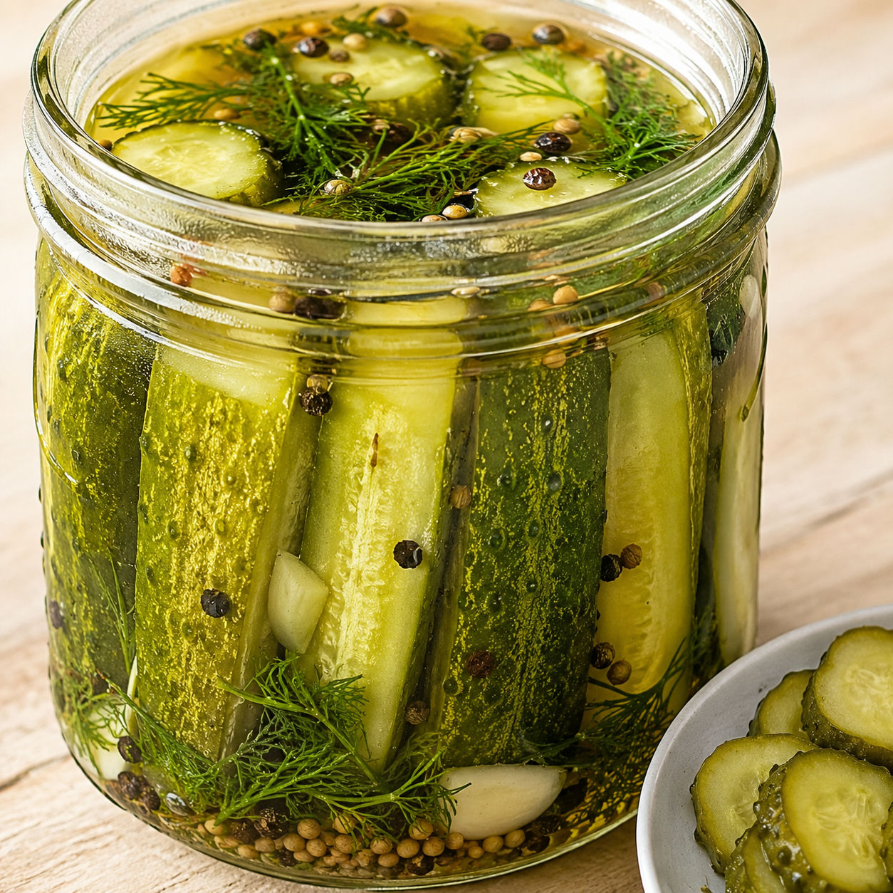 Refrigerator dill pickles in a glass jar with dill and garlic