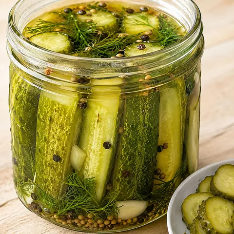 Refrigerator dill pickles in a glass jar with dill and garlic