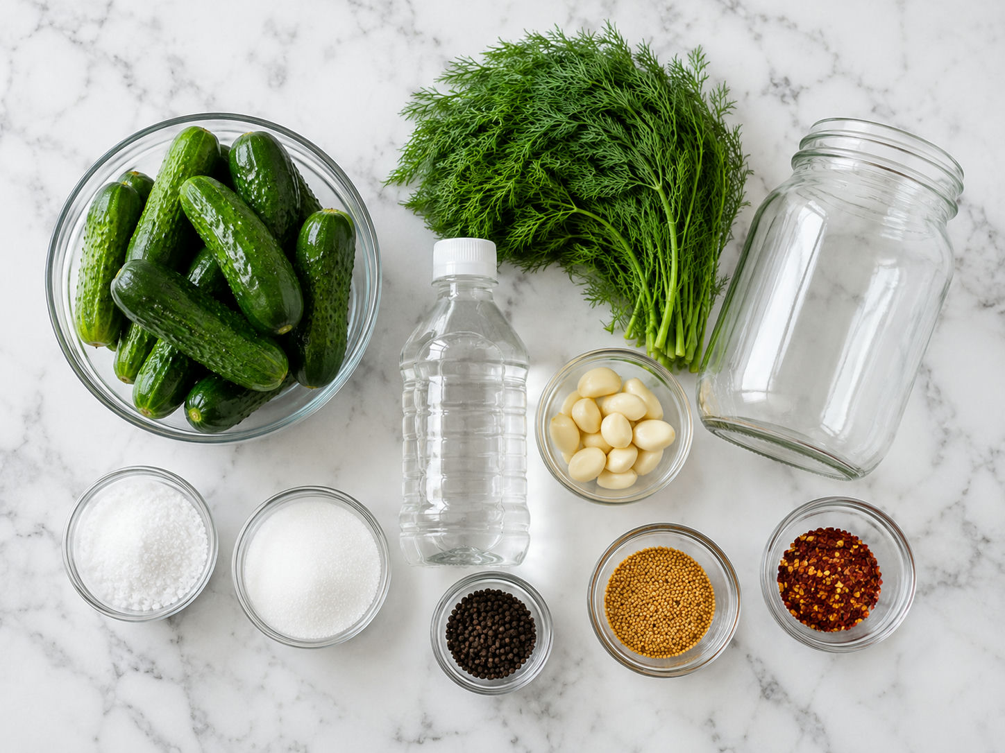 Cucumbers, dill, garlic, vinegar, salt, and spices for dill pickles