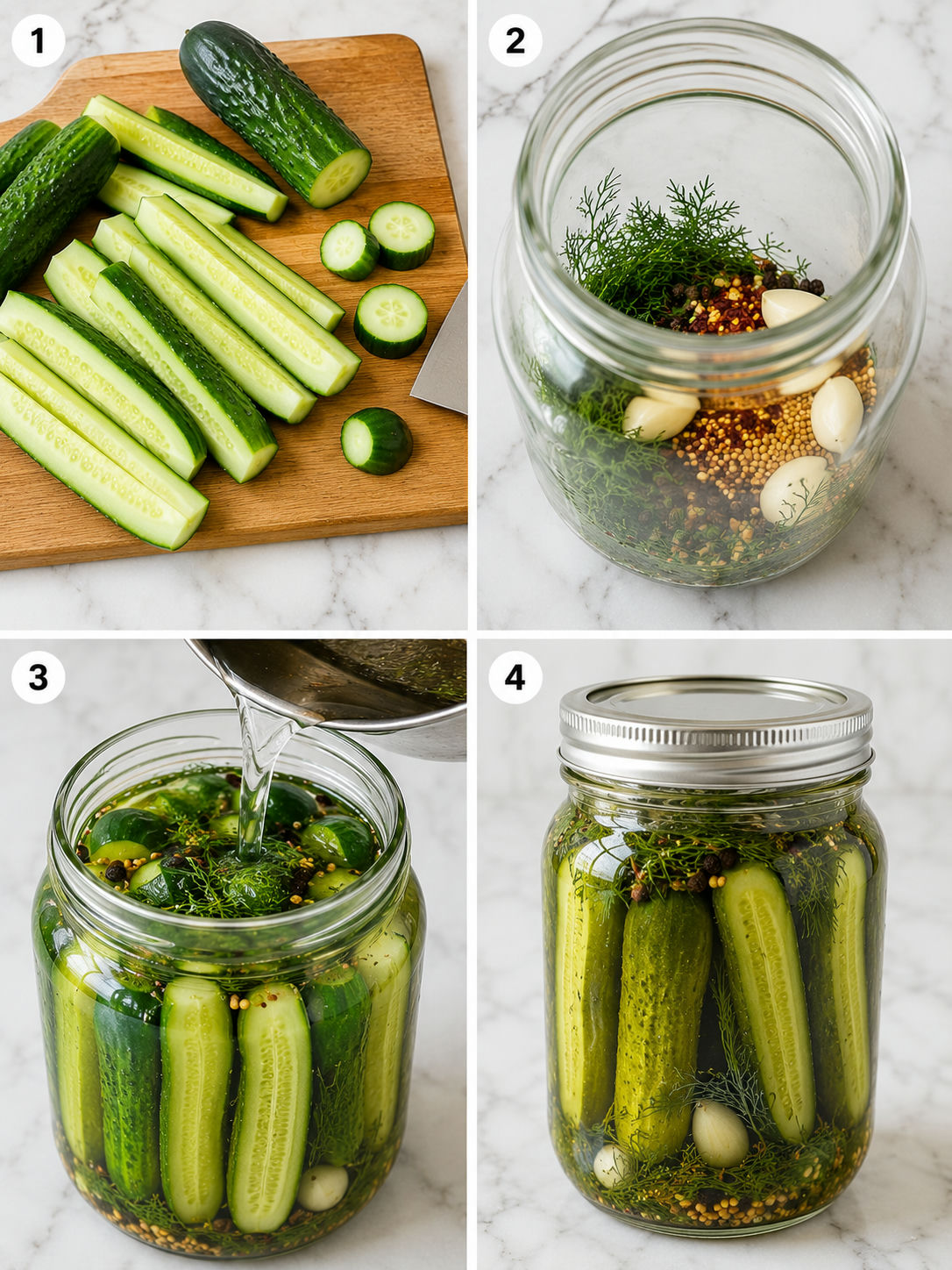 Four steps for making refrigerator dill pickles in a jar