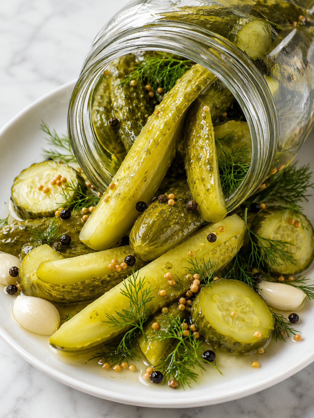 Crunchy refrigerator dill pickle spears and chips with dill and garlic