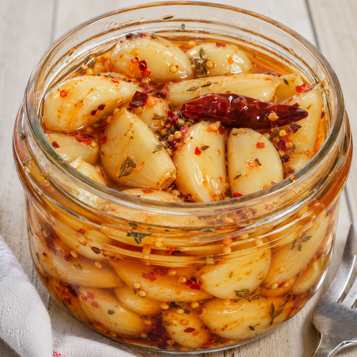 Spicy pickled garlic cloves in a glass jar with chili flakes