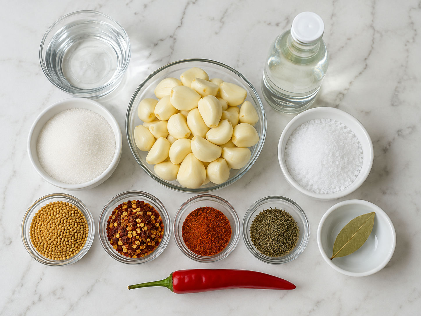 Ingredients for spicy pickled garlic with vinegar, garlic, chile, and spices