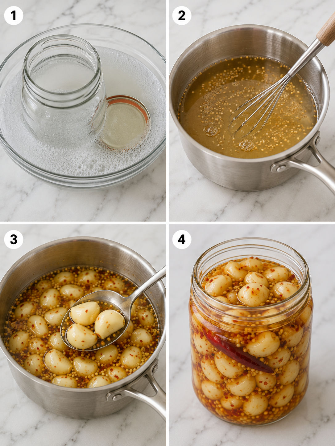 Four steps for making spicy pickled garlic in a jar