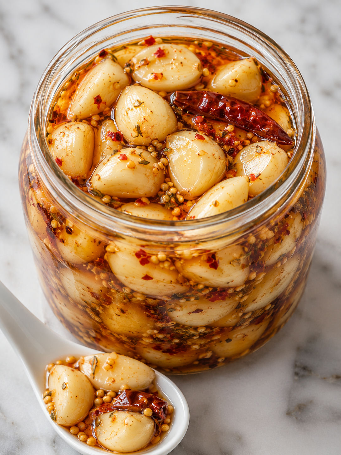 Spicy pickled garlic in red chili brine with cloves on a spoon