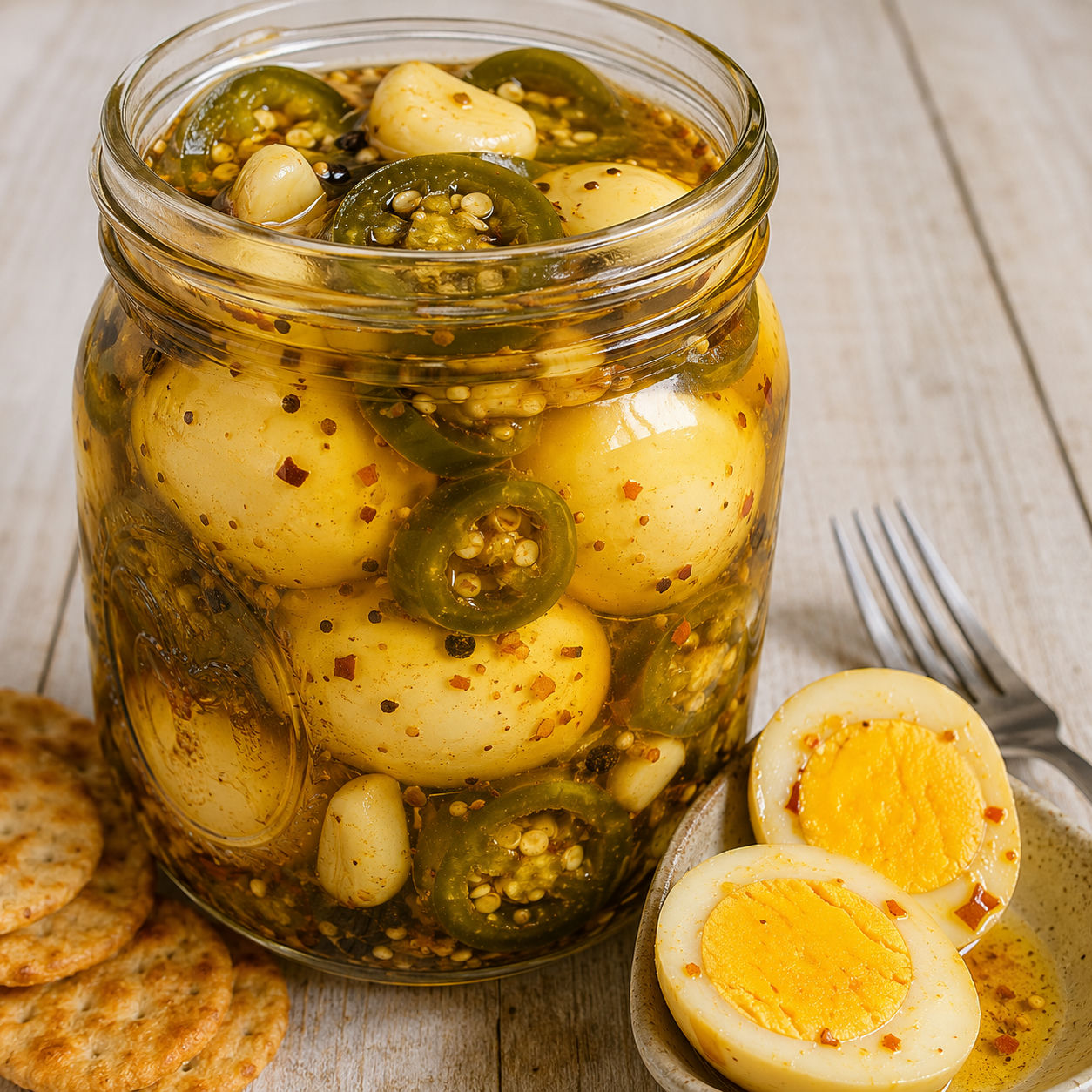 Cowboy candy pickled eggs with jalapenos in a mason jar