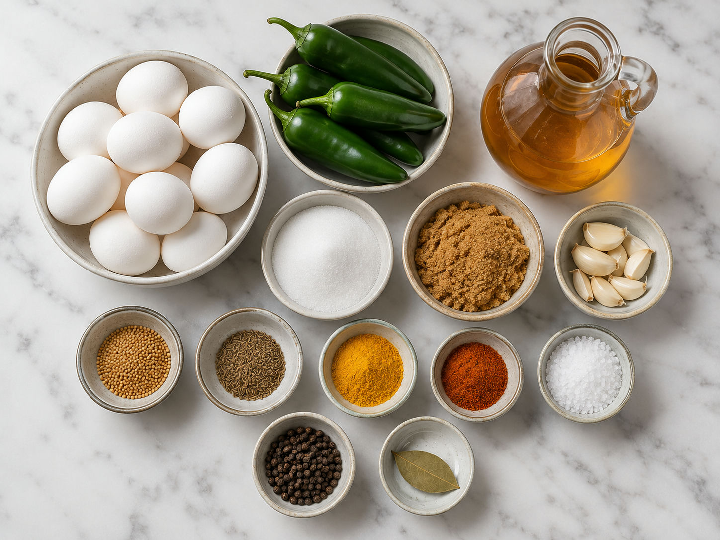 Eggs, jalapenos, vinegar, sugar, and spices for pickled eggs