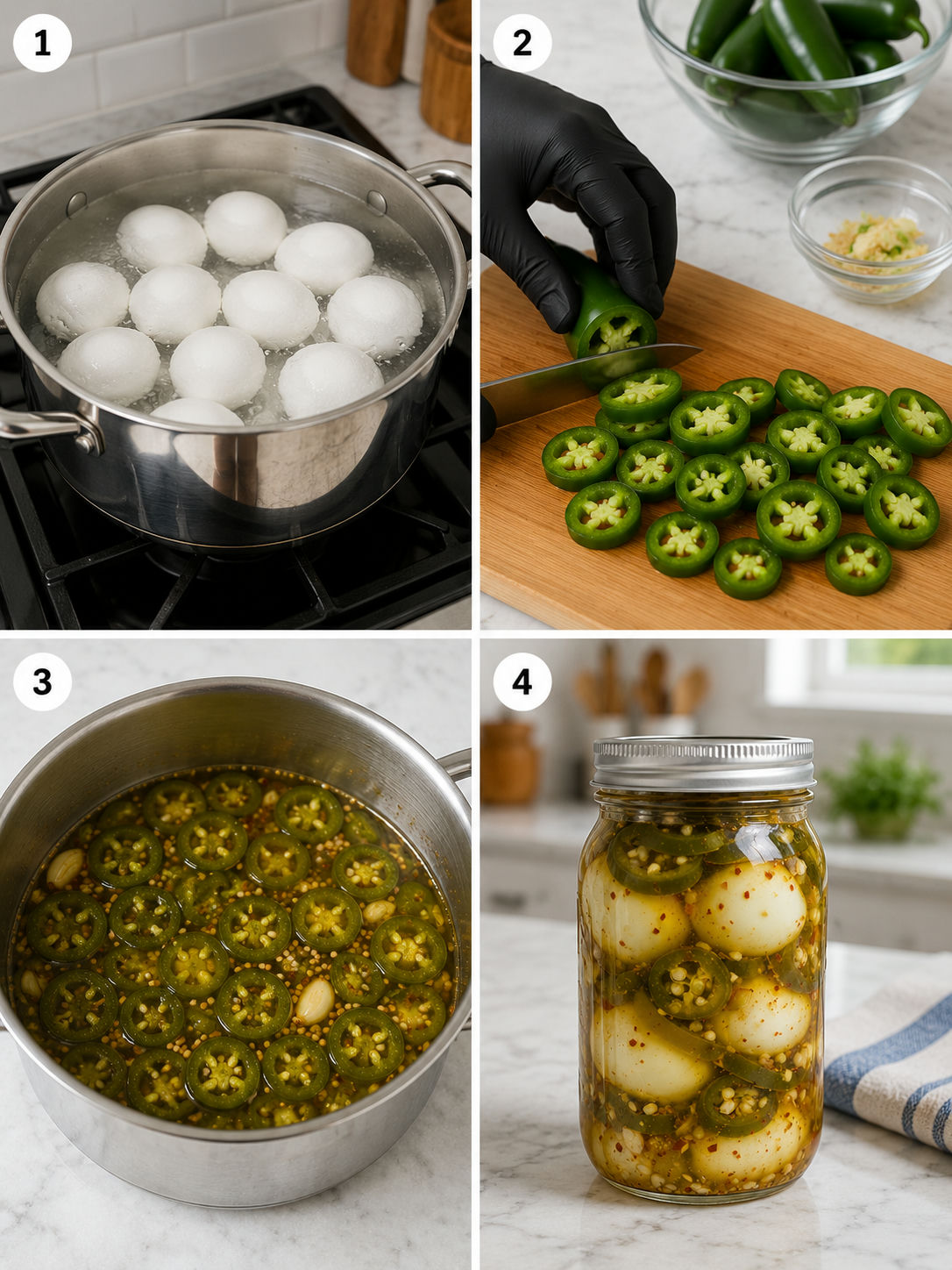 Four steps for making cowboy candy pickled eggs