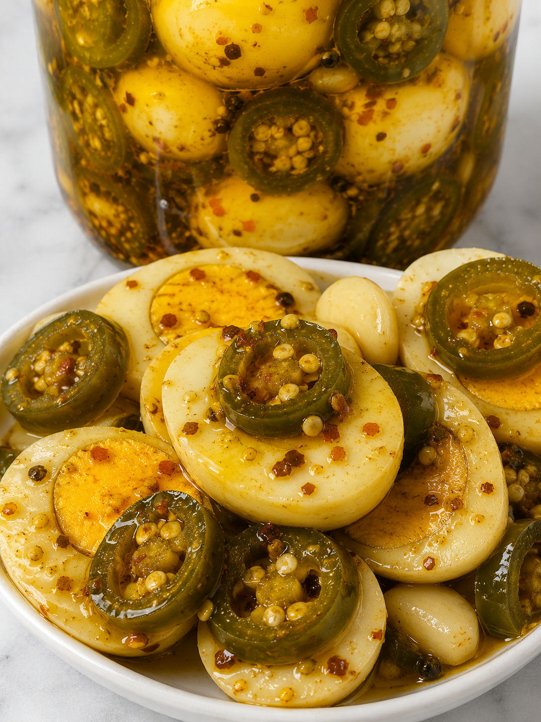 Sliced cowboy candy pickled eggs with glossy jalapenos