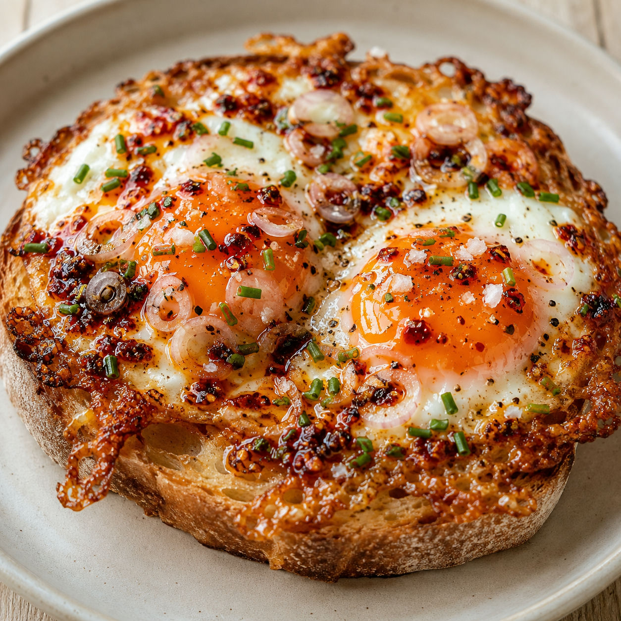 Hot honey chili crisp eggs on sourdough toast with chives