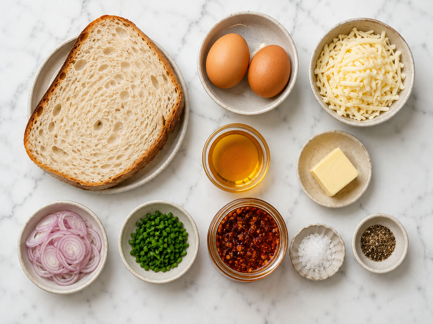 Ingredients for hot honey chili crisp eggs on toast