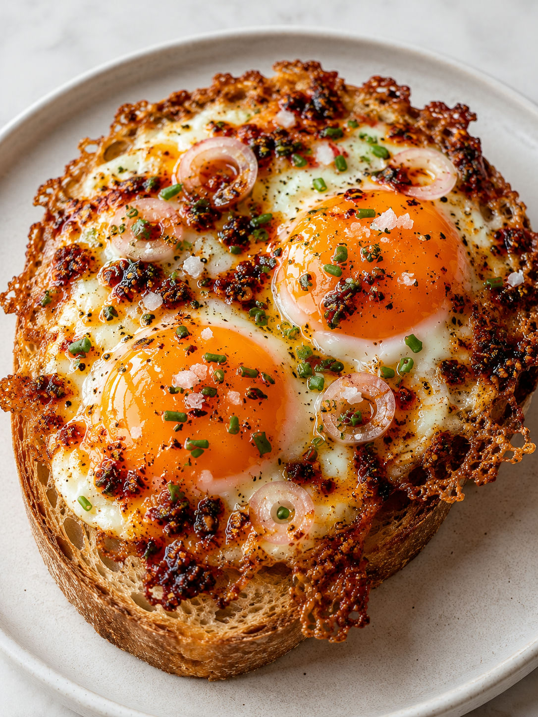 Hot honey chili crisp eggs on toast with lacy cheese edges