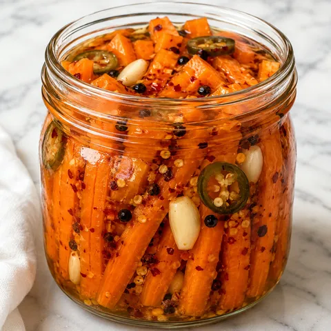 Hot honey pickled carrots in a glass jar with chili flakes and garlic