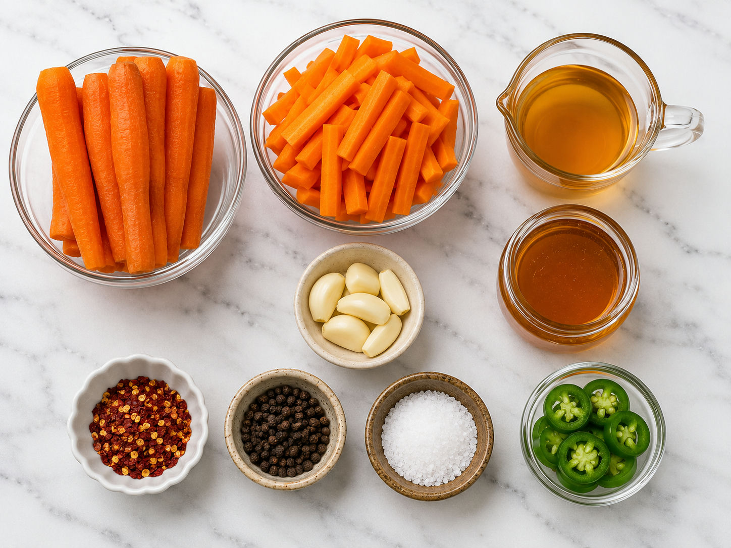 Carrots, honey, vinegar, garlic, jalapeno, and spices for pickling