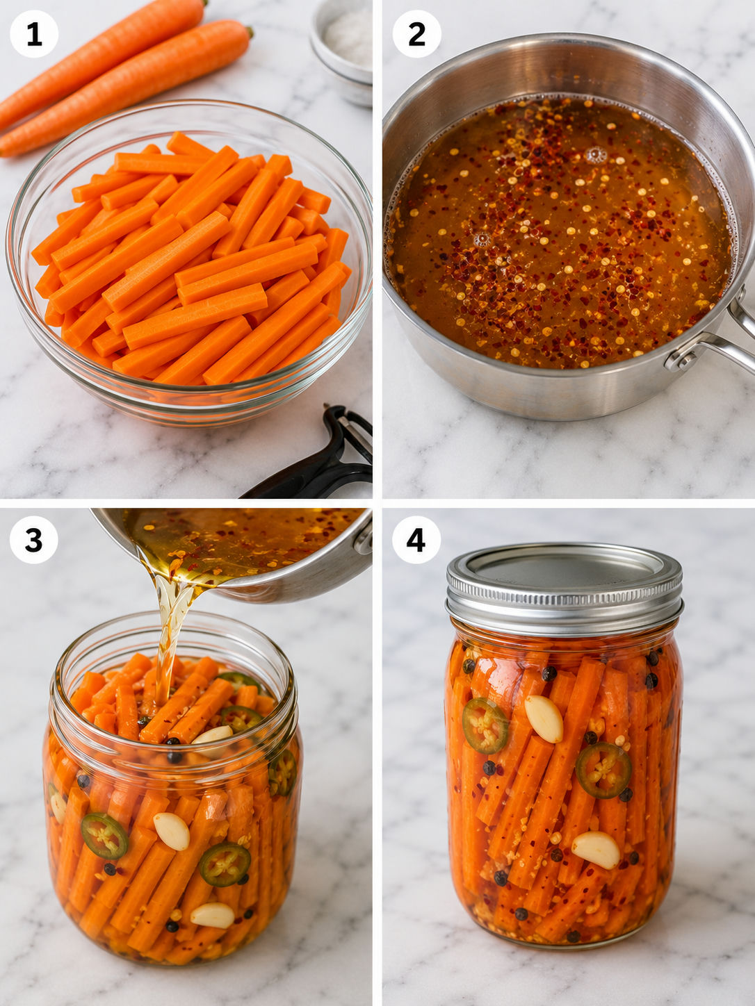 Four steps for making hot honey pickled carrots in a jar