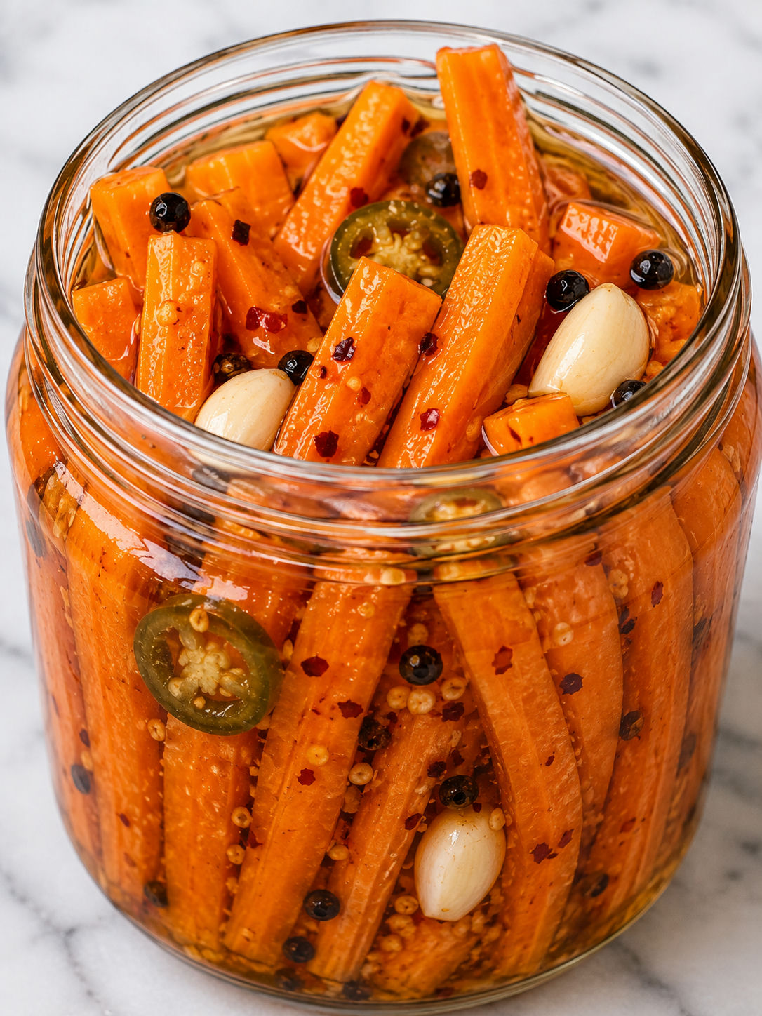 Open jar of hot honey pickled carrots with chili flakes and jalapeno