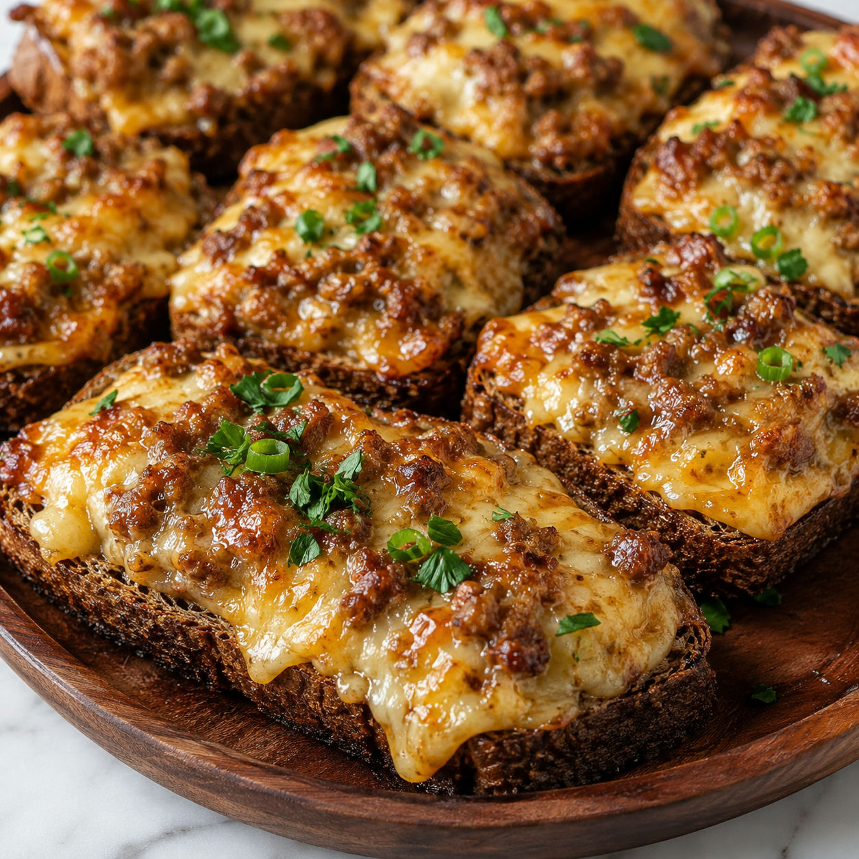 Hot sausage cheese party toasts on cocktail rye with parsley
