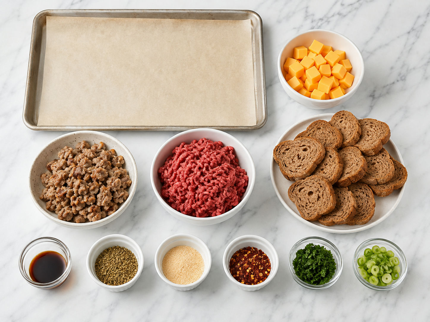 Ingredients for hot sausage cheese party toasts with rye bread