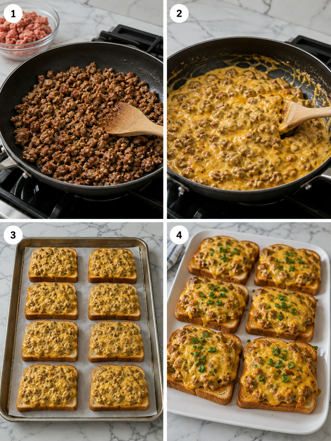 Four steps for making hot sausage cheese party toasts