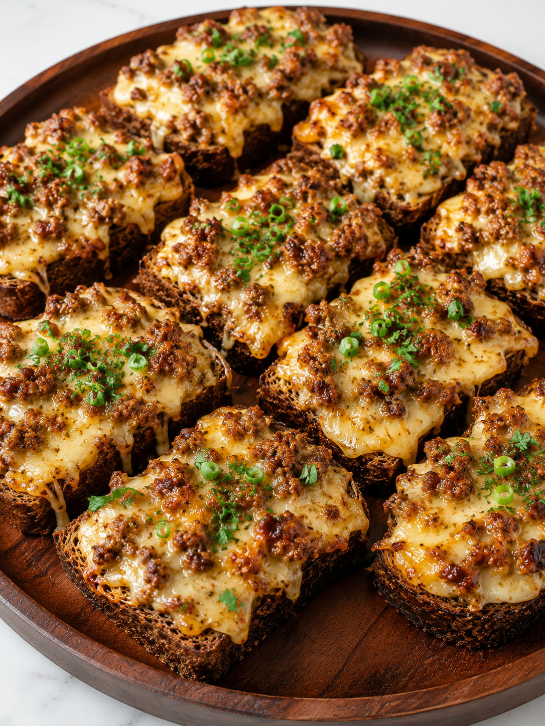 Bubbly hot sausage cheese party toasts on crisp cocktail rye