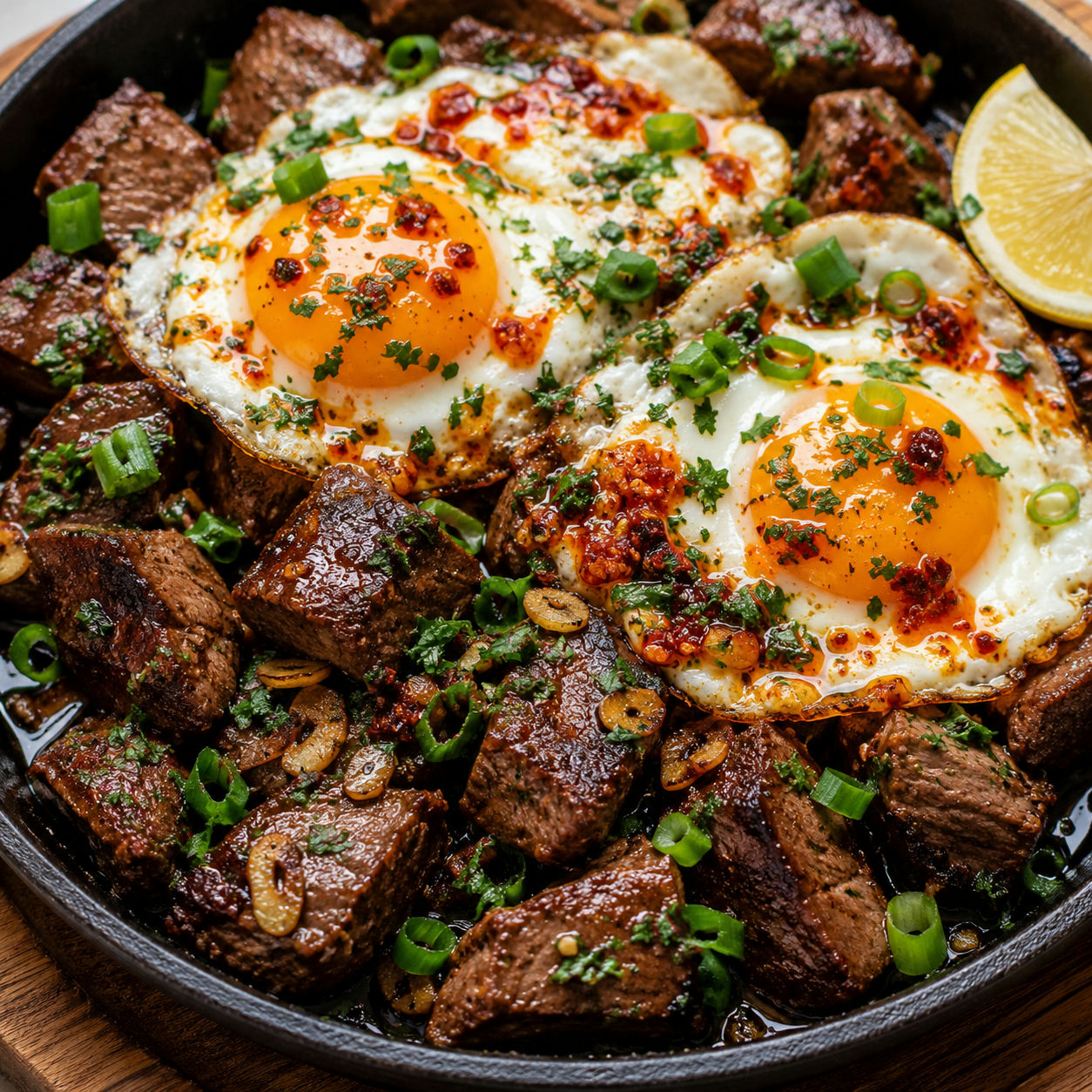 Garlic butter steak bites with chili oil fried eggs and scallions