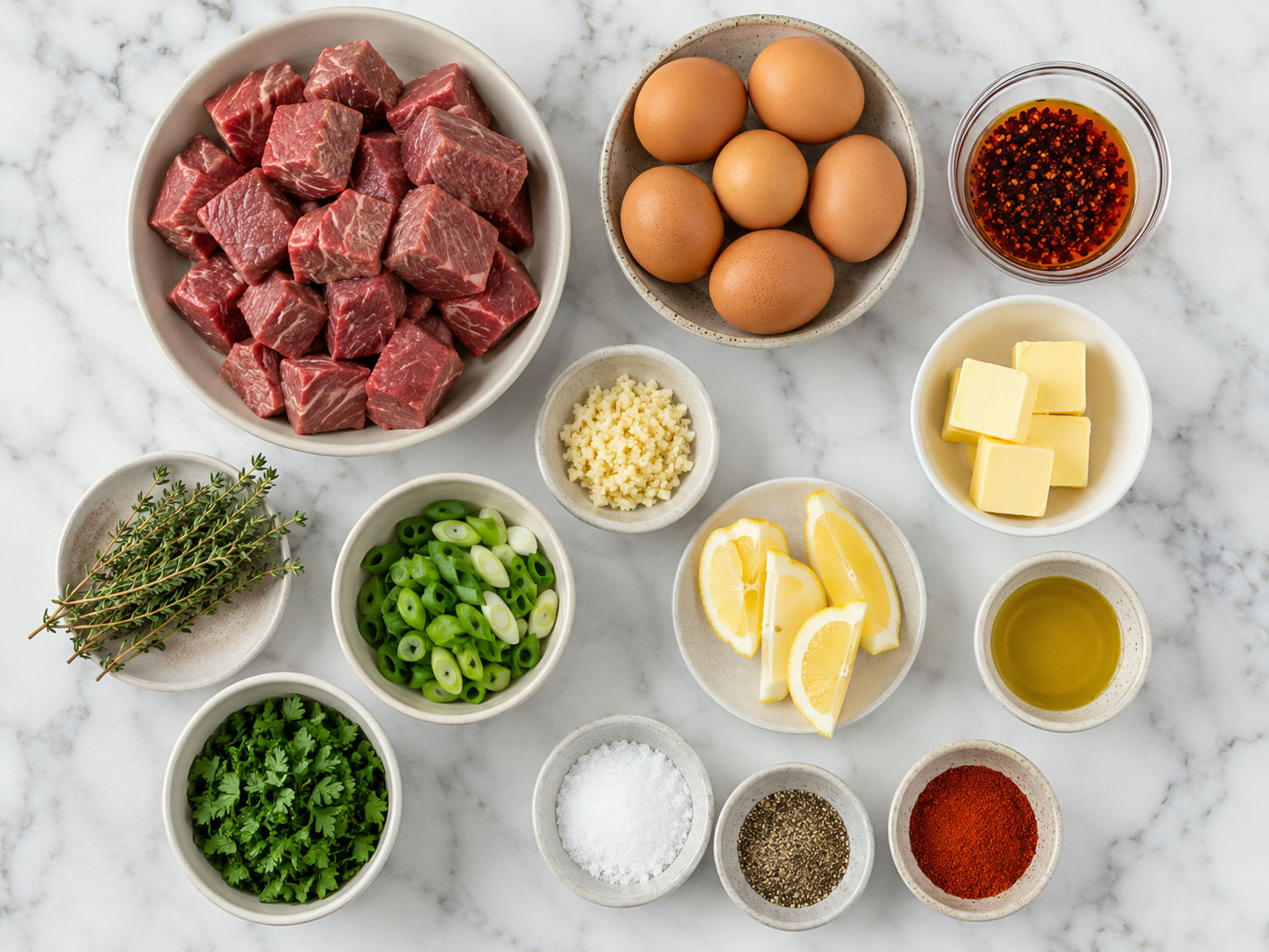 Raw steak, eggs, chili oil, butter, garlic, herbs, and lemon