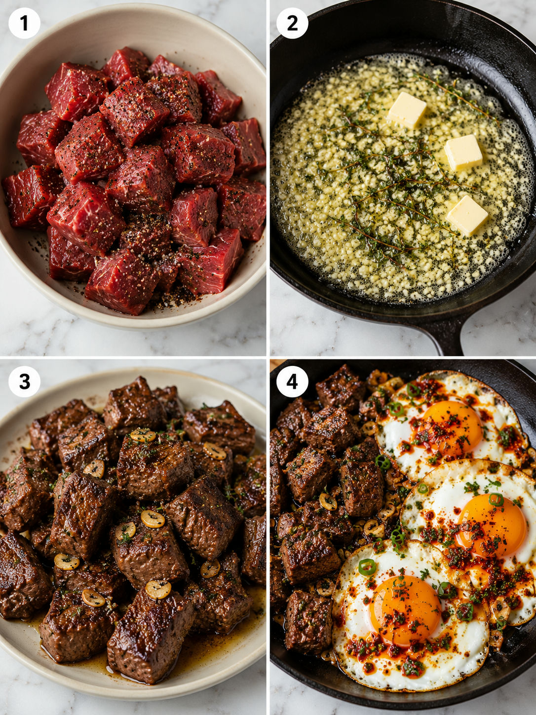 Four cooking steps for steak bites and chili oil fried eggs