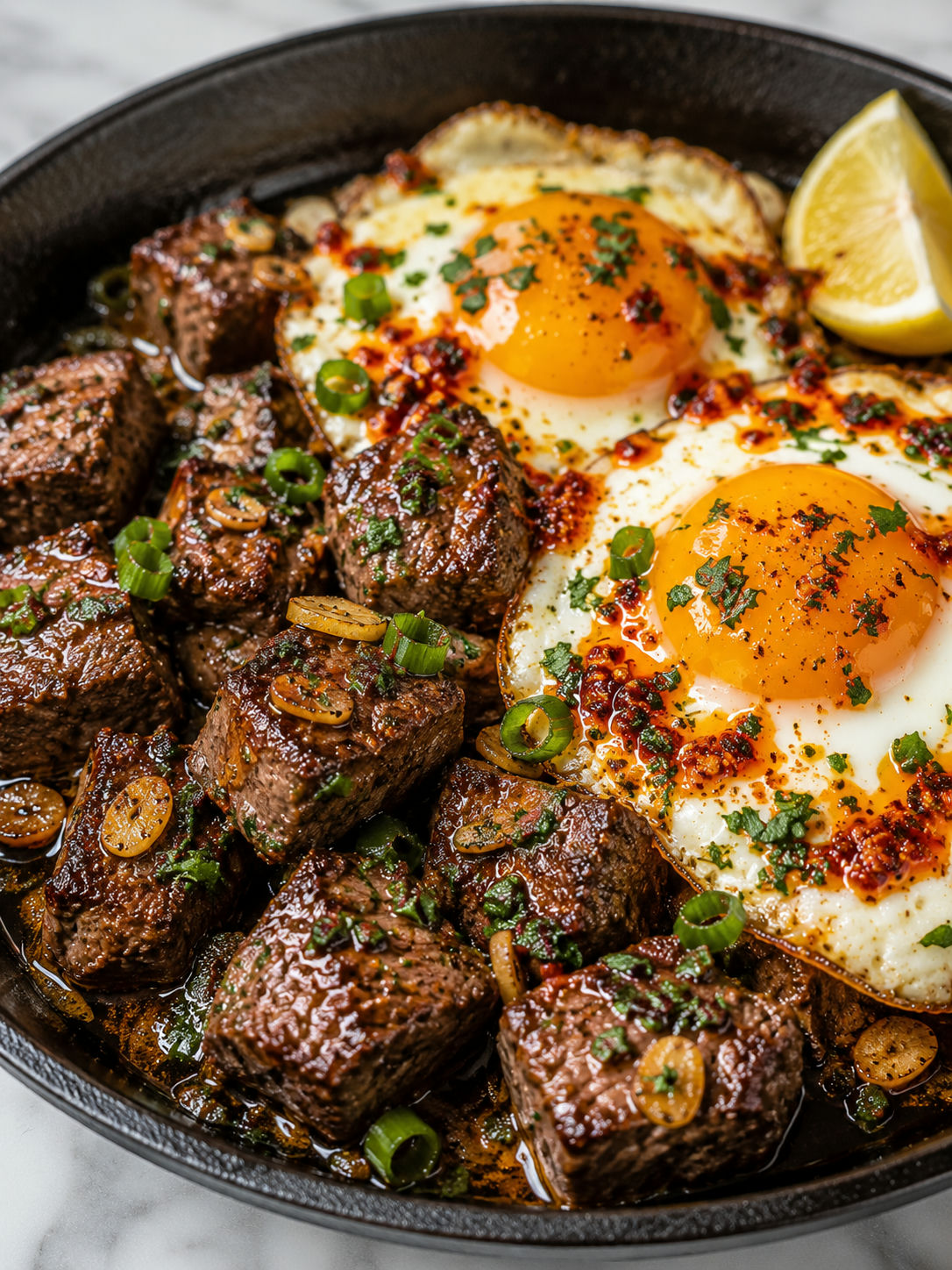 Juicy steak bites with garlic butter, chili oil eggs, and scallions