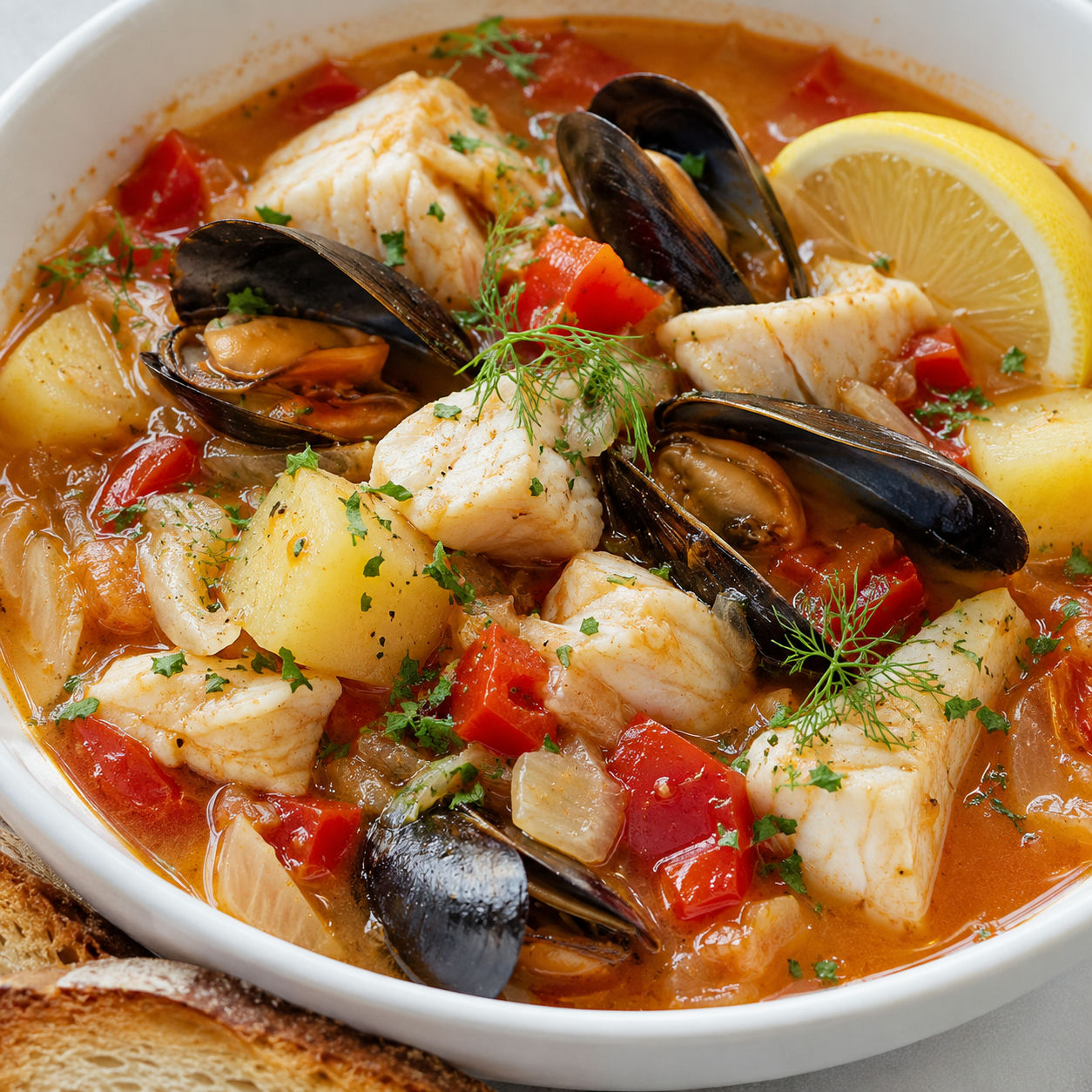Ligurian fish soup with mussels, white fish, potatoes and lemon