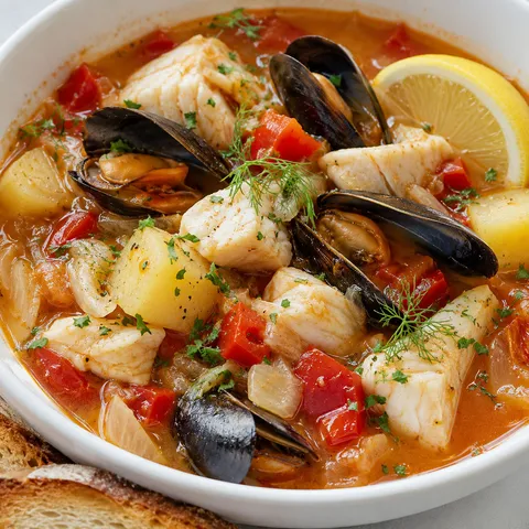 Ligurian fish soup with mussels, white fish, potatoes and lemon