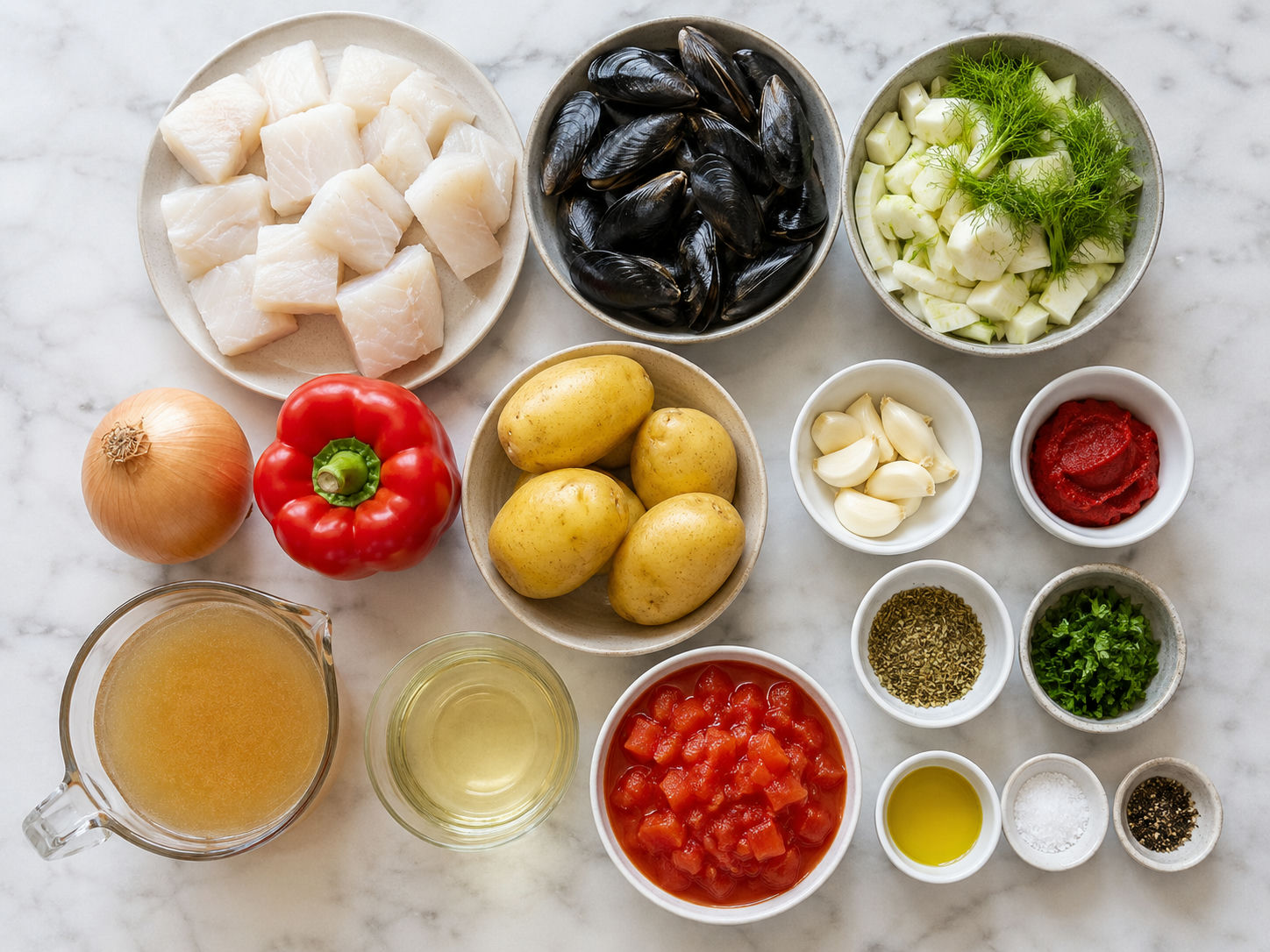Ingredients for Ligurian fish soup with fish, mussels, fennel and tomatoes
