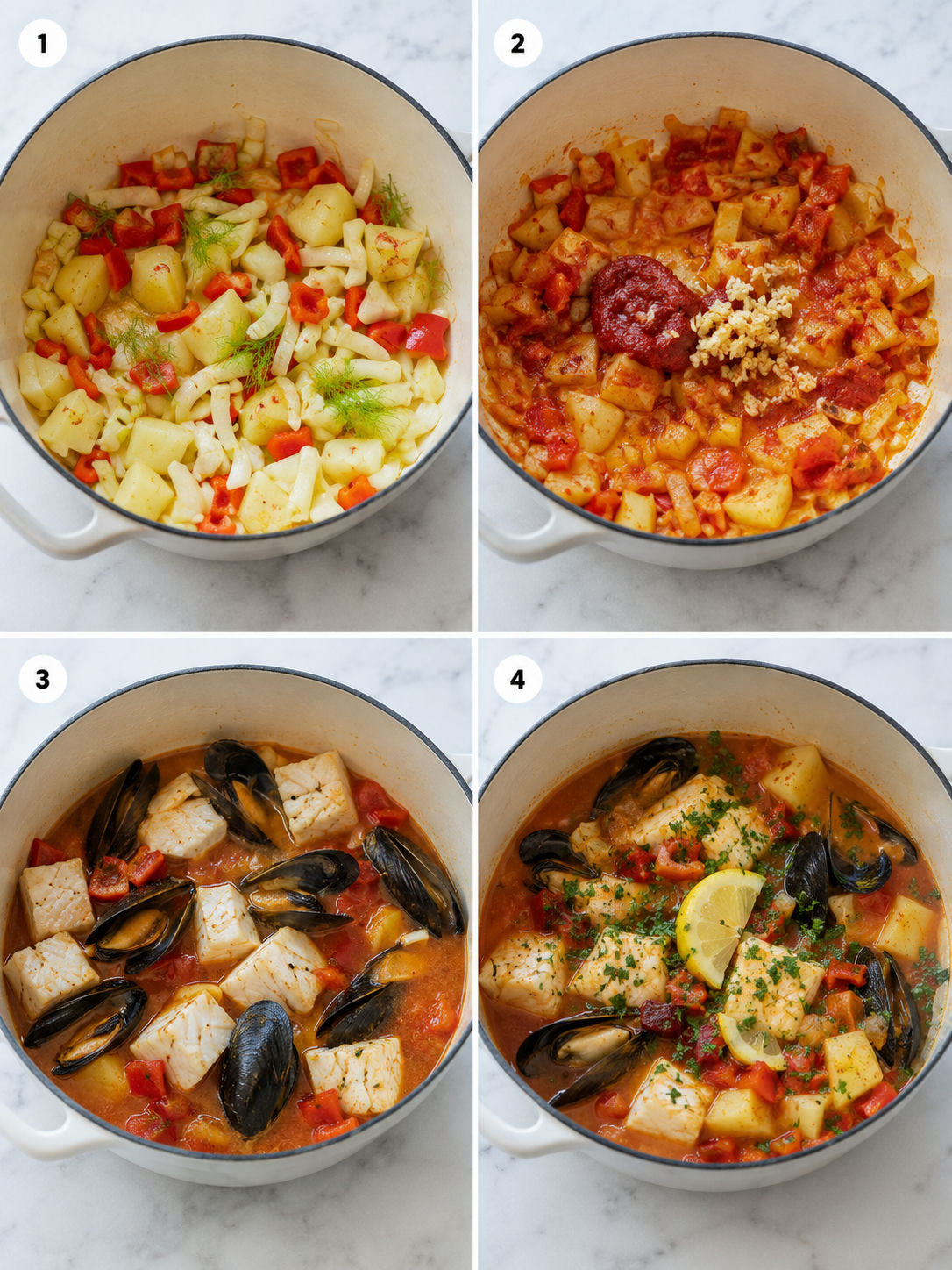 Four cooking steps for Ligurian fish soup in a Dutch oven