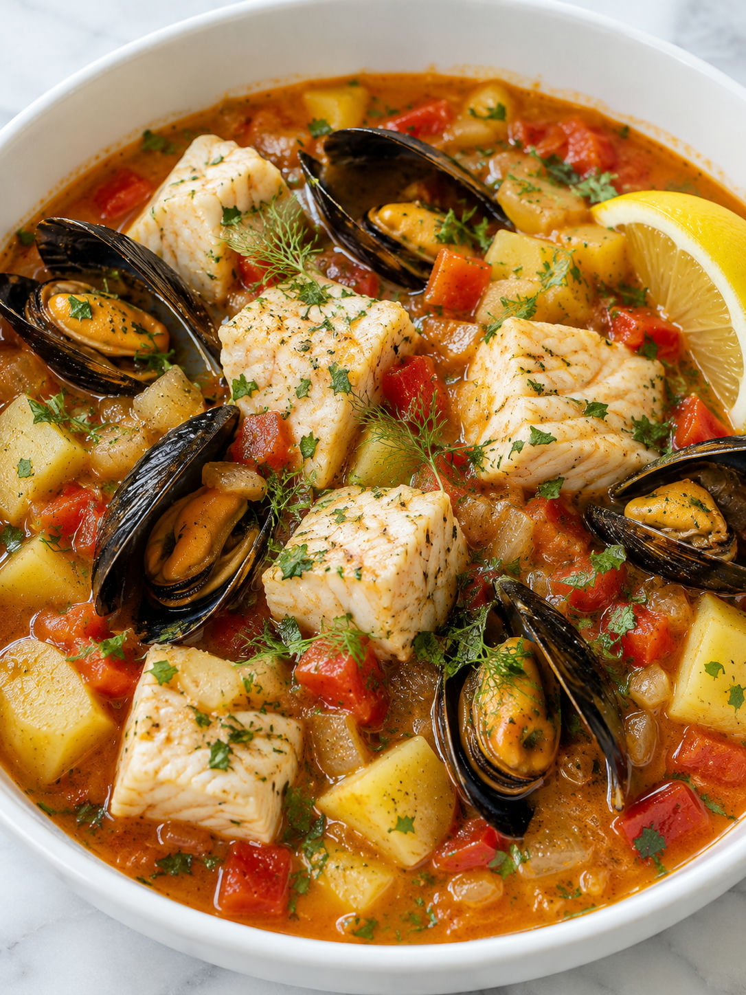 Ligurian fish soup with open mussels, flaky fish and lemon