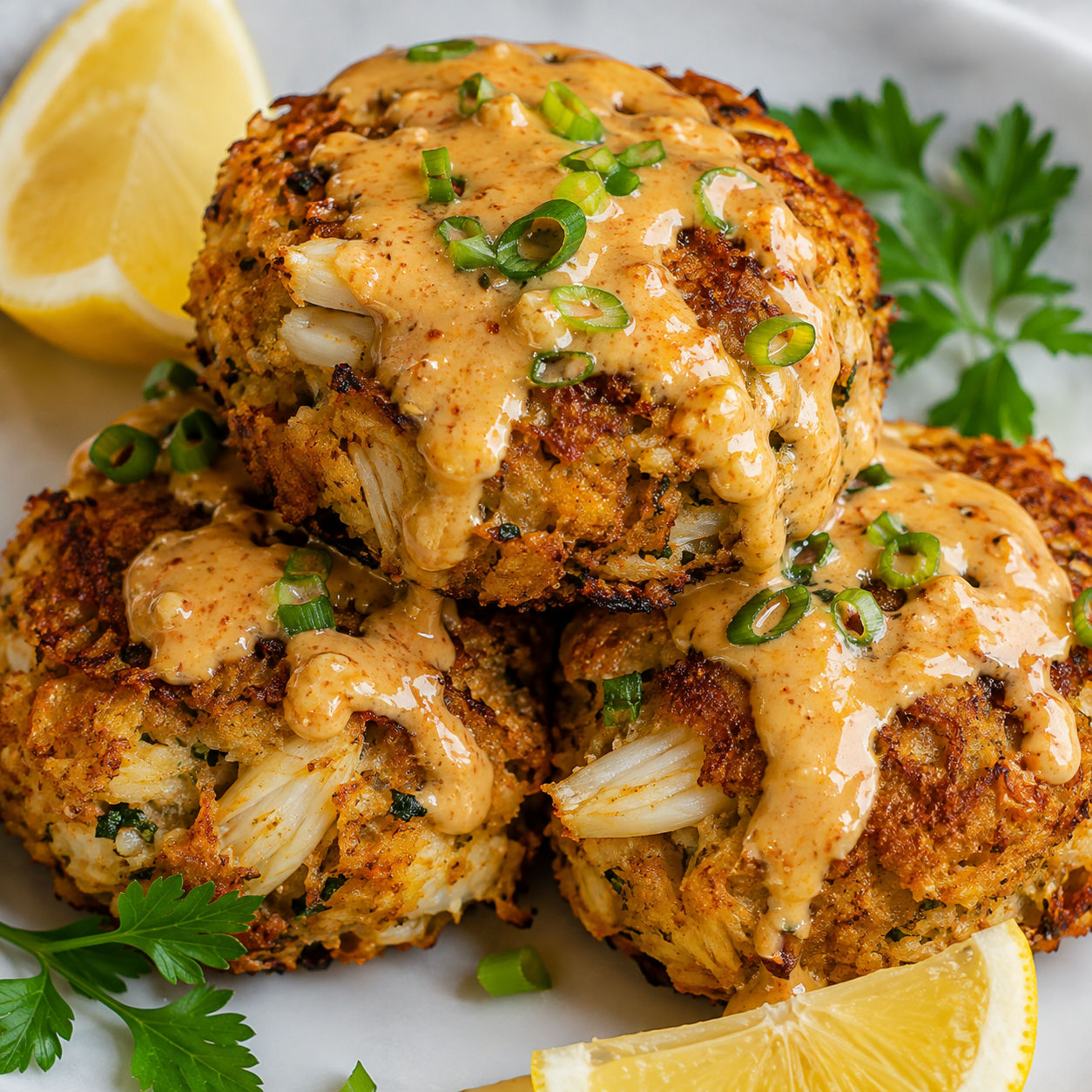 Louisiana crab cakes with hot honey remoulade, scallions, and lemon