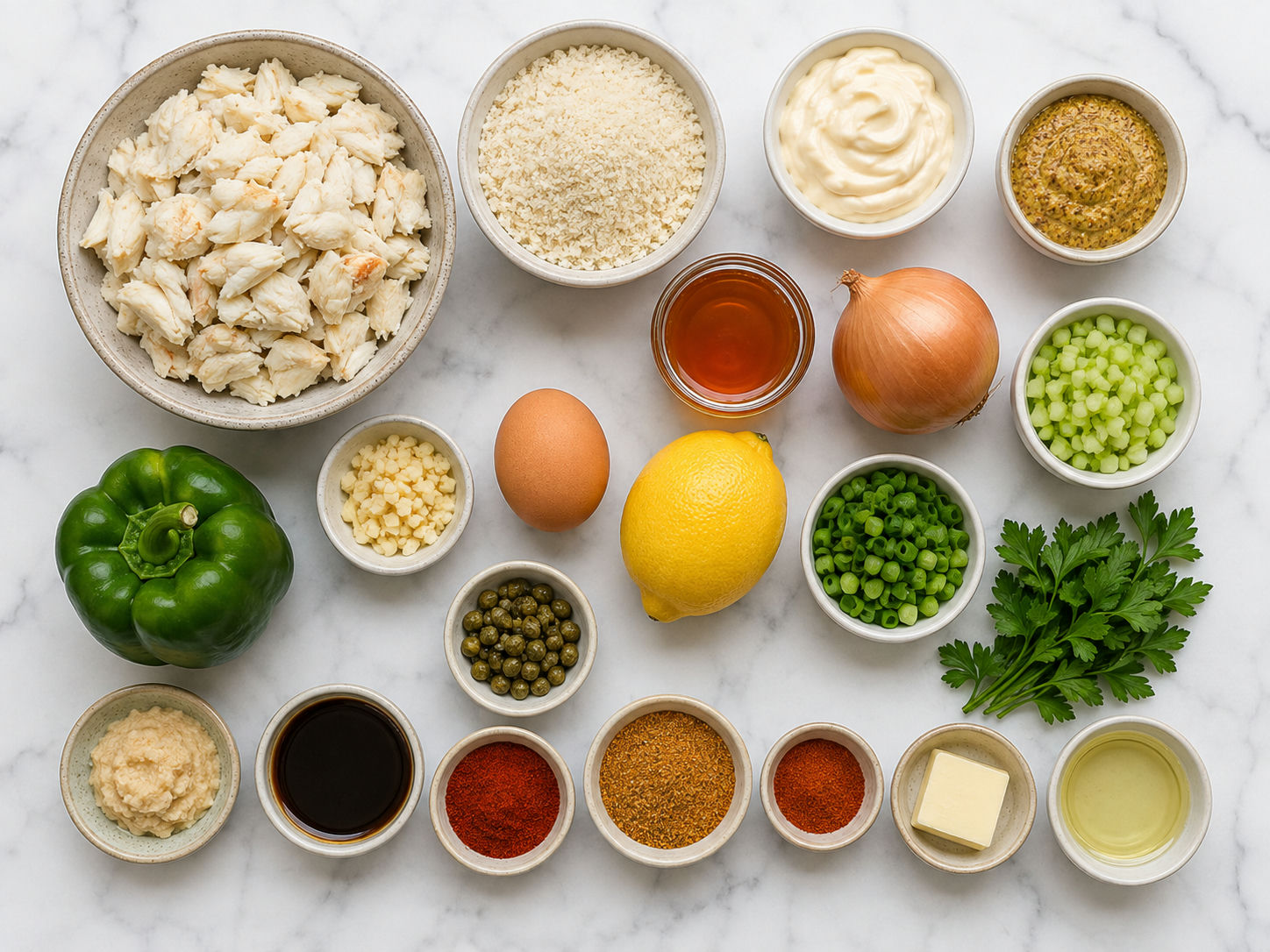 Ingredients for Louisiana crab cakes and hot honey remoulade on a counter