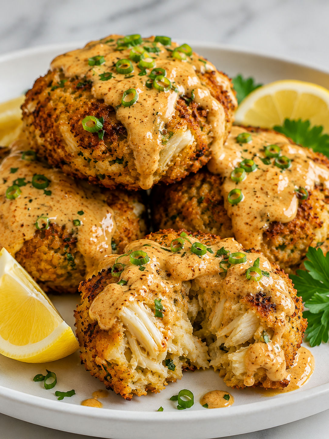 Golden Louisiana crab cakes with hot honey remoulade and lemon