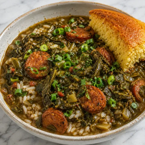 Gumbo greens with rice, andouille, scallions, and cornbread