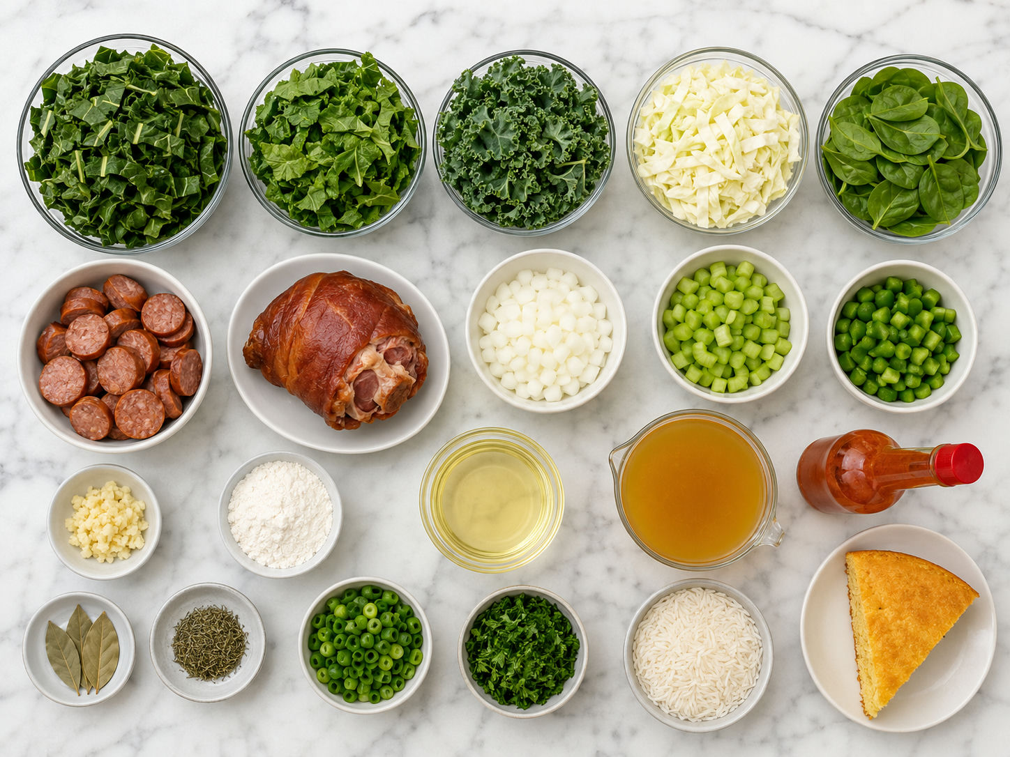 Ingredients for gumbo greens with sausage, rice, and cornbread