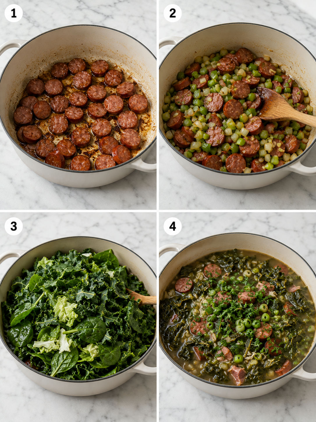 Four cooking steps for gumbo greens with sausage and rice
